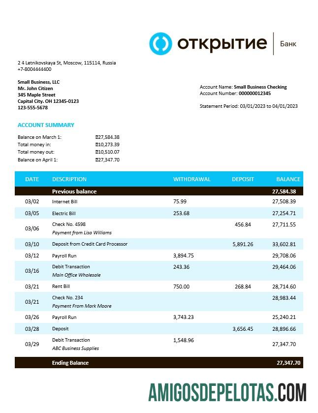 Baixável Otkritie FC Bank Enterprise Account Statement Word And PDF modelo